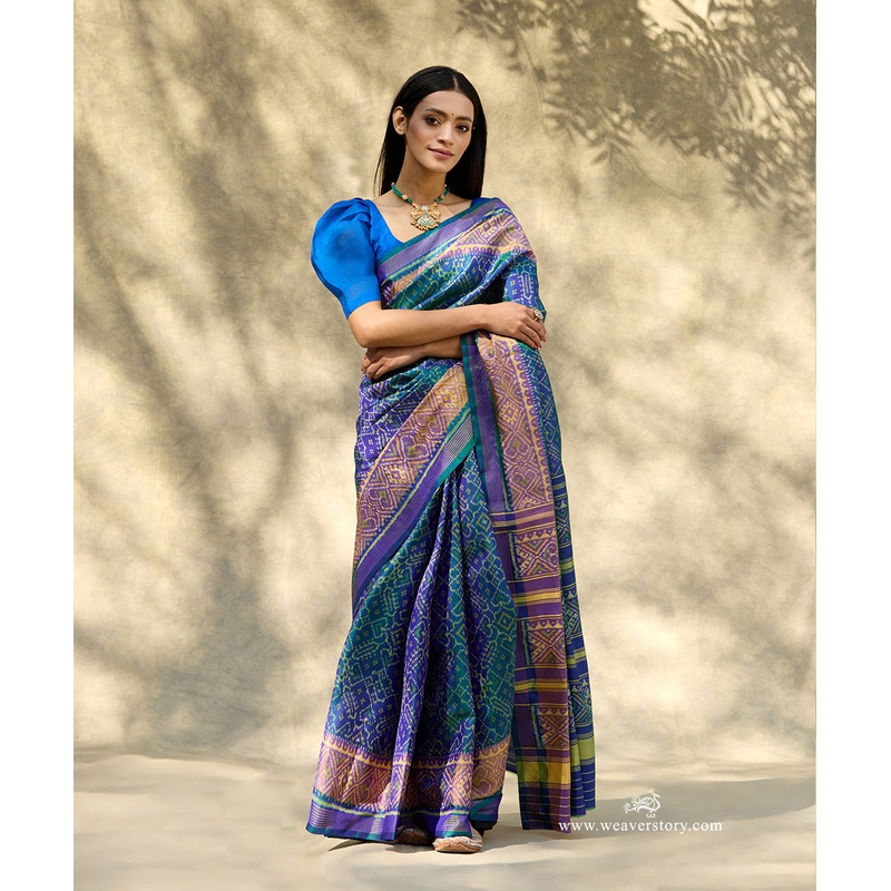 Peacock Green Handloom Pure Mulberry Silk Ikat Patola Saree With Tissue Border