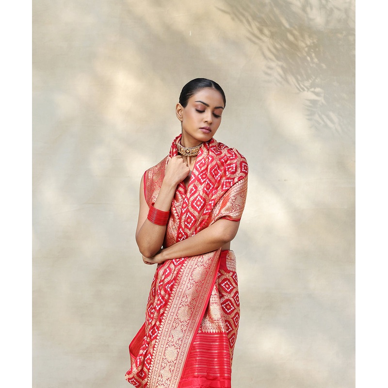 Red Handloom Pure Katan Silk Banarasi Saree With All Over Sona Rupa Zari Jaal
