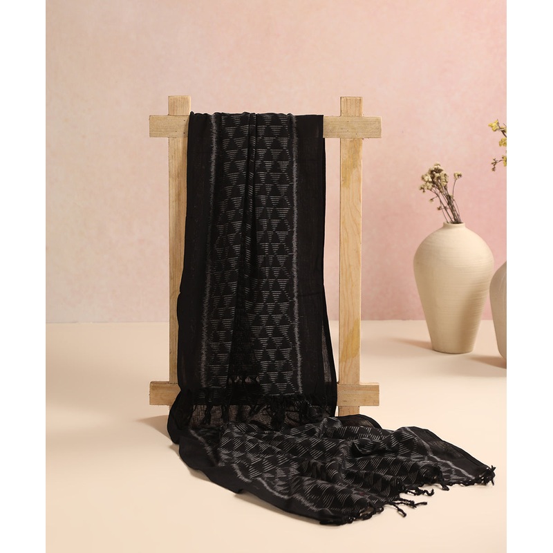 Black Handloom Cotton Pyramid Motif Ikat Stole