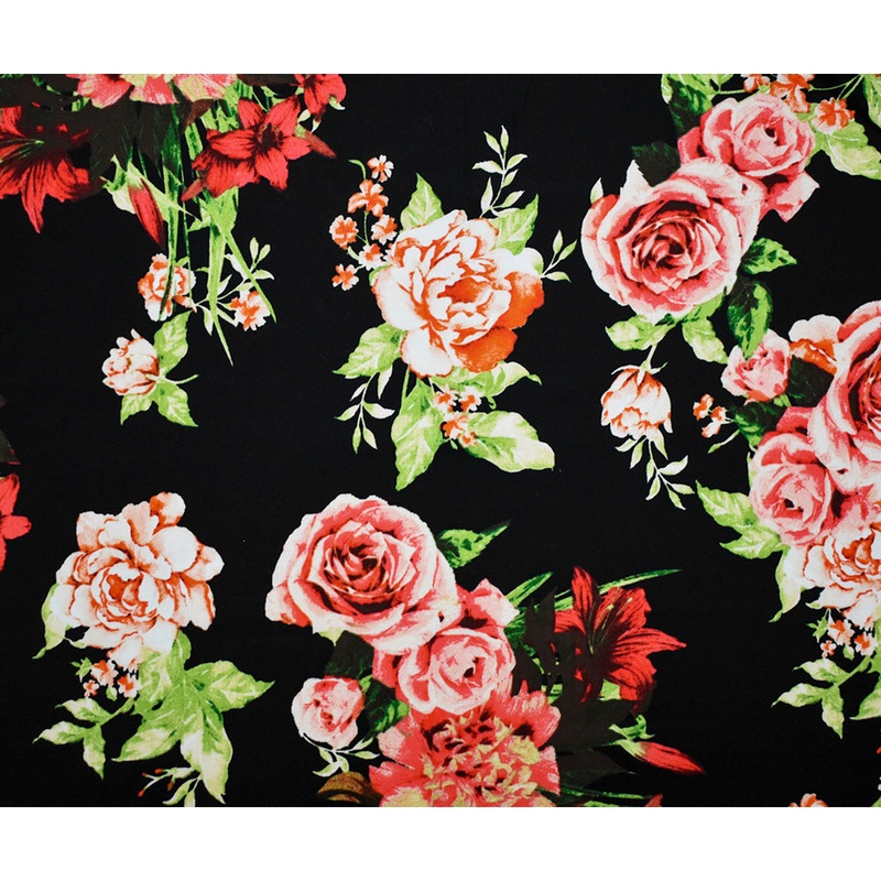Black-Pink-Multi Cotton Floral Print Stretch Spandex Poplin Woven Fabric