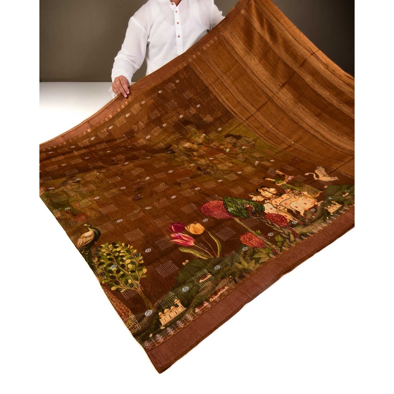 Brown Printed Lightweight Muga Silk Saree with Sona Rupa Zari Accents