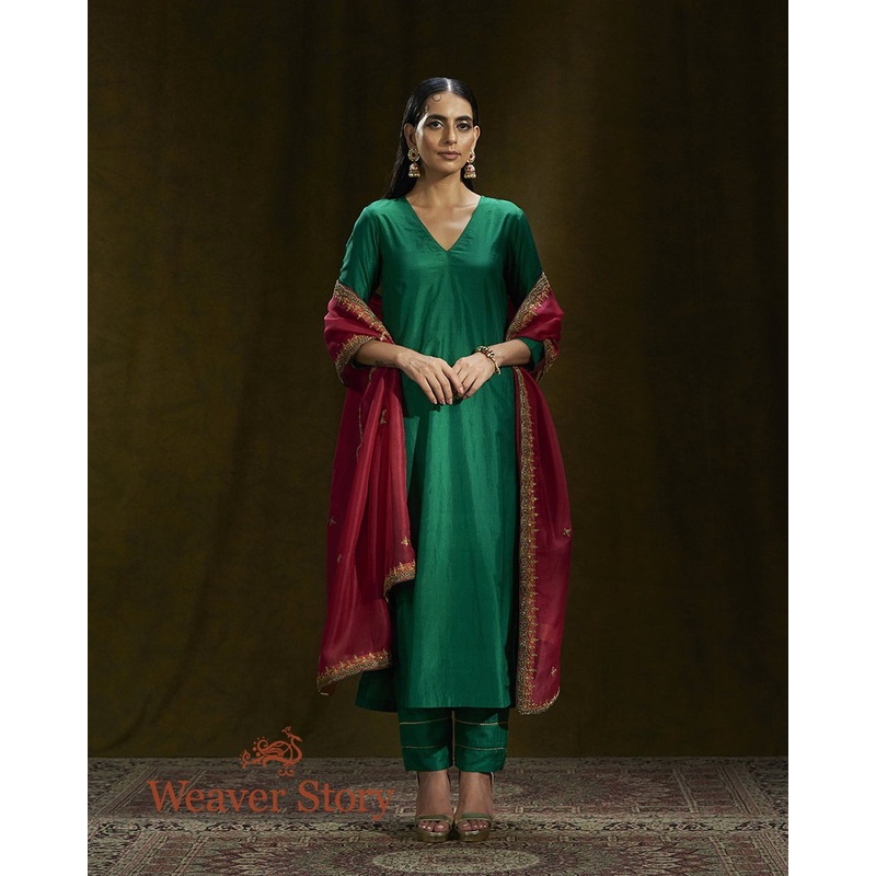 Emerald Green Pure Mulberry Silk Suit Set with Zardozi Dupatta