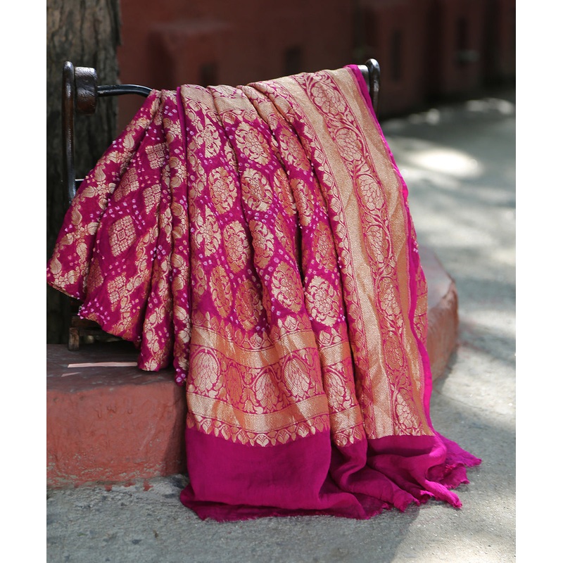 Magenta Handloom Pure Georgette Banarasi Bandhej Dupatta With All Over Zari Cutwork Jaal