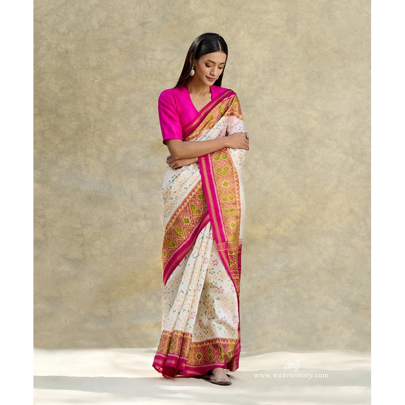 White Handloom Pure Mulberry Silk Ikat Patola Saree With Pink Pallu And Tissue Border