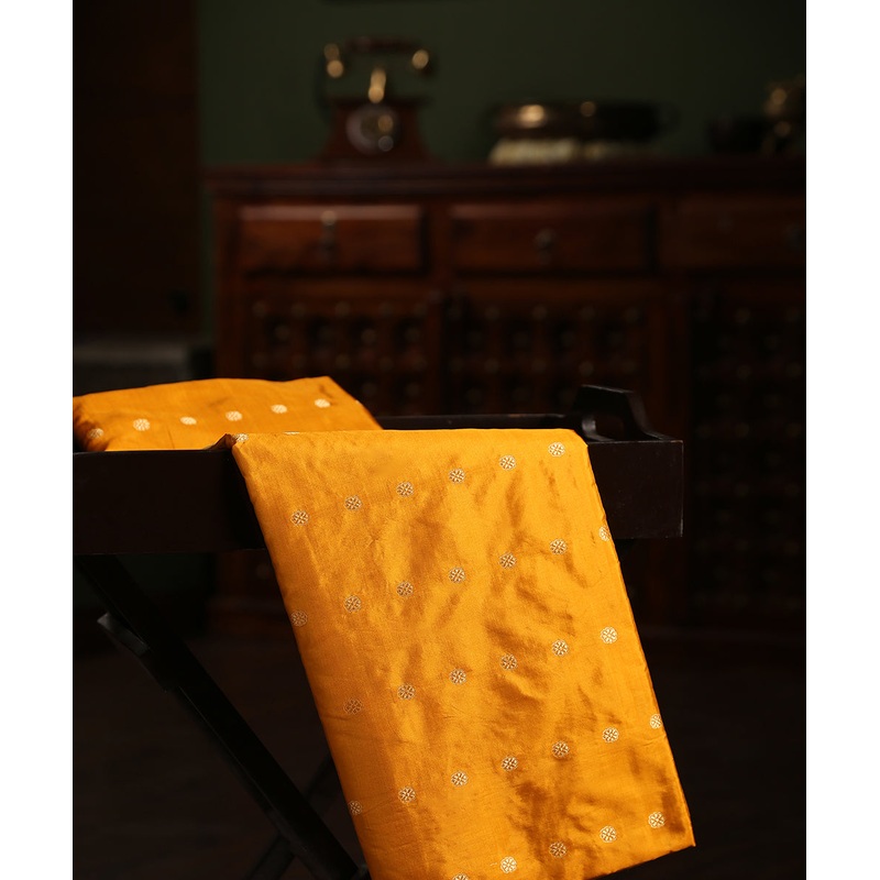 Bright Mustard Handloom Pure Katan Silk Banarasi Fabric Cutwork Booti