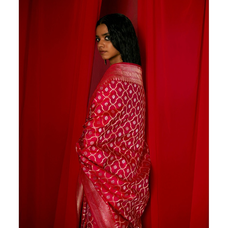 Rani Pink Pure Katan Silk Banarasi Saree With Pure Zari Kadhwa Jaal