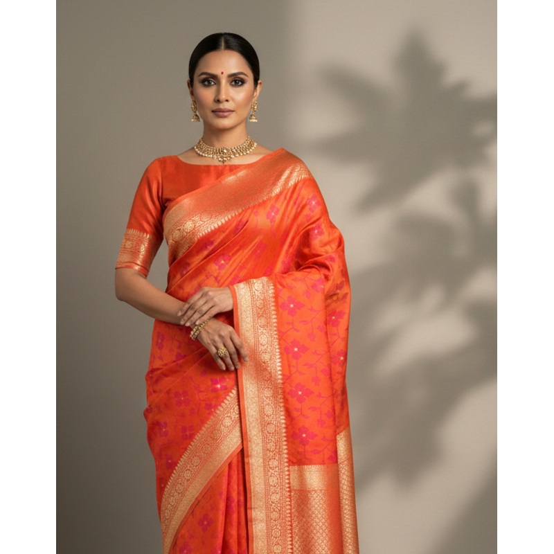 Shot Orange Cross Stitch Jaal Satin Tanchoi Brocade Handwoven Katan Silk Banarasi Saree with Gold Zari Accents