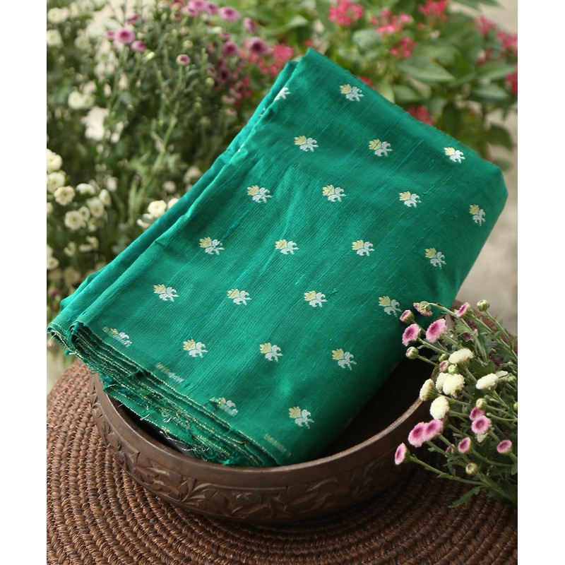 Dark Green Handloom Pure Tussar Silk Banarasi Fabric With Sona Rupa Booti
