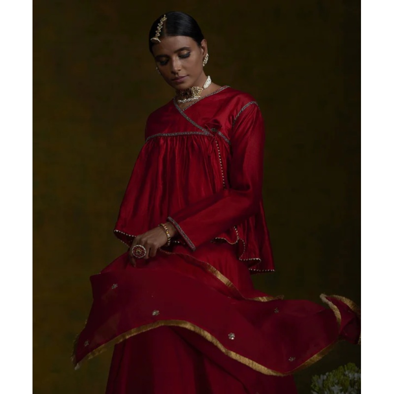 Red Handwoven Pure Silk Lehenga with Zardozi Embroidery and Gathered Angrakha Top with Organza Dupatta