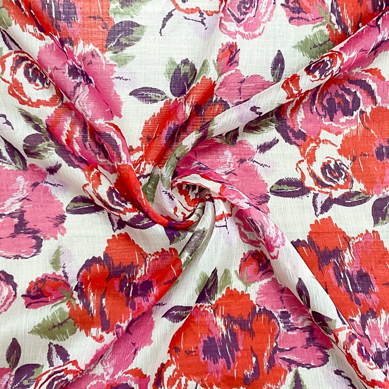 Red-Ivory-Multi Poly Floral Printed Crinkle Yoryu Chiffon Woven Fabric