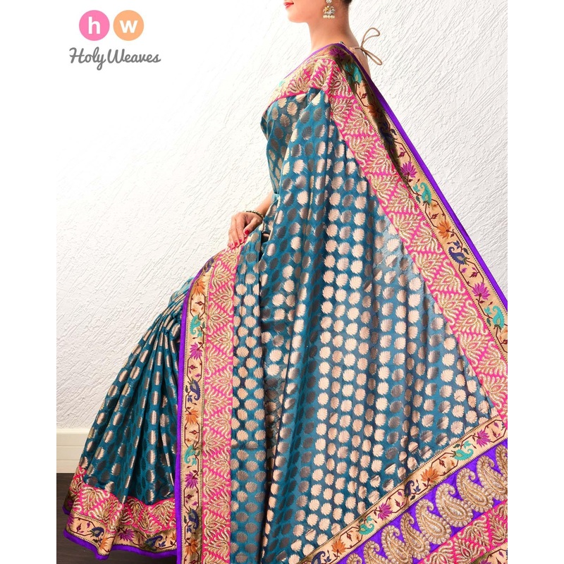 Teal Blue Hand-embroidered Art Silk Saree