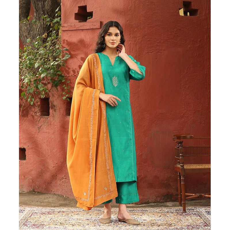 Turquoise Blue Embroidered Pure Chanderi Silk Kurta With Pants And Burnt Orange Dupatta