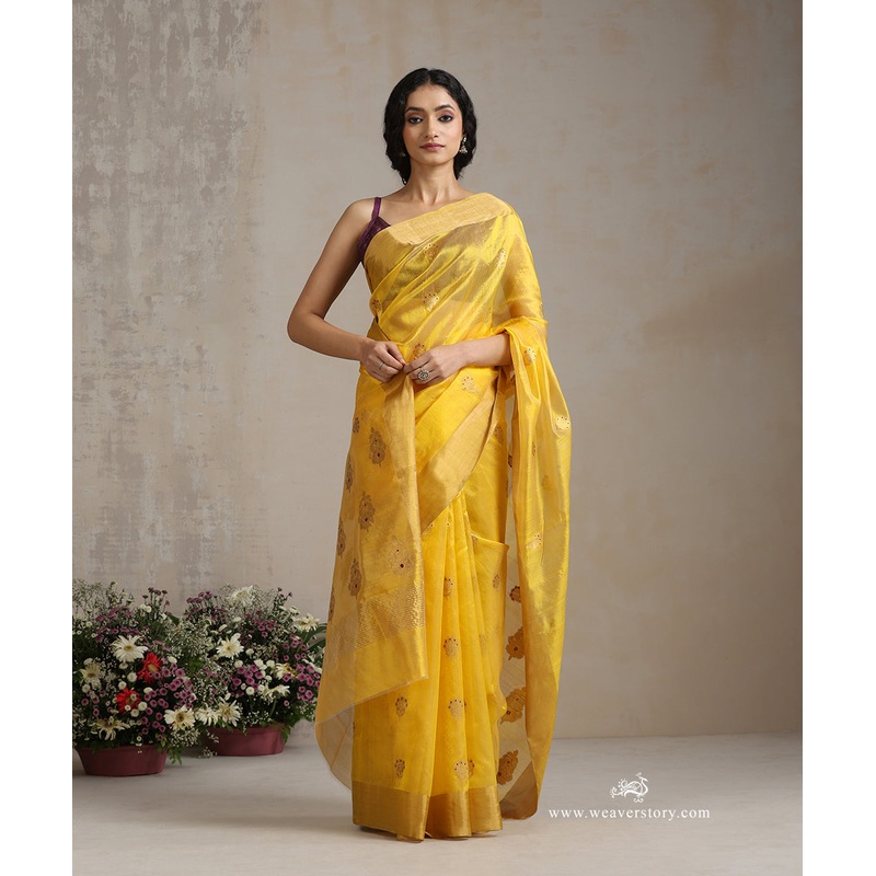 Yellow Handloom Pure Silk Chanderi Saree With Floral Boota With Red Meena