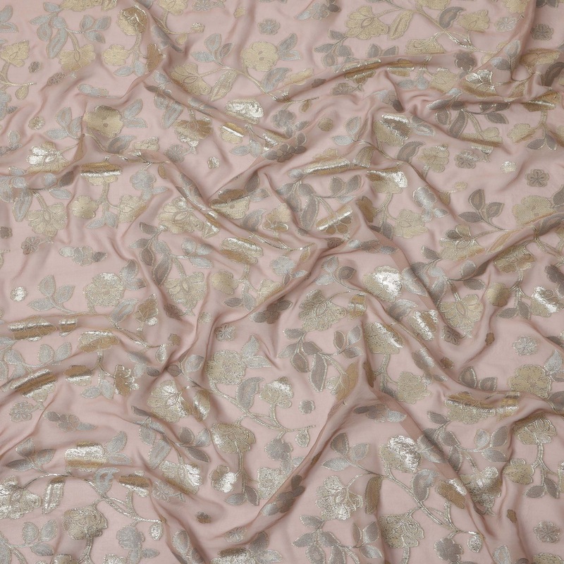 Blush Pink Gold Metallic Floral Embroidered Design Premium Silk Chiffon Fabric, 110 Cms Width, Made in South Korea-D25973