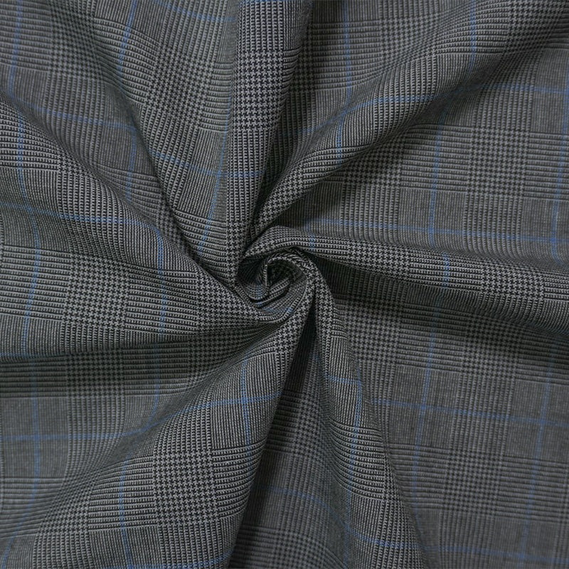 Gray-Black-Blue Poly Wool Plaid Woven Shirting Fabric