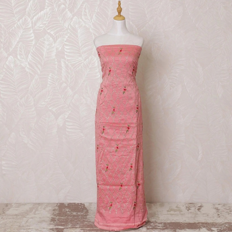 Salmon pink blended cotton lawn fabric with same tone, olive green embroidery in floral design-D15082