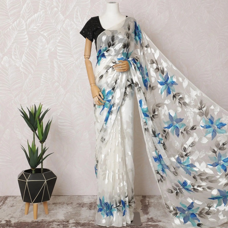 White Premium pure silk chiffon Saree with same tone jacquard, multicolor hand paint having stone work in floral design-D15494