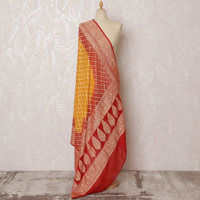 Yellow and Red Bandhani Silk Georgette Dupatta with Golden Floral Border 265 x 110 Cms, India-D20292
