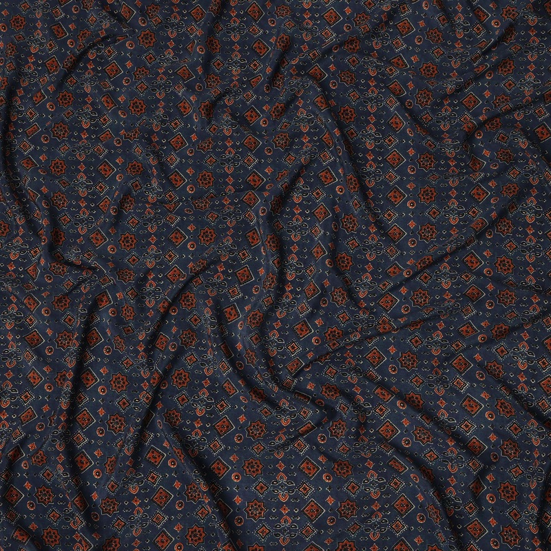 Deep Ocean Blue Geometric Printed Pure Silk Crepe Fabric Lightweight Elegant Dress Material 110cm Width Premium Quality Soft Finish Indian Origin - 1087252