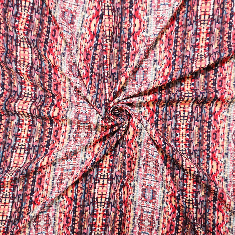 Red-Blue-Multi Rayon Abstract Printed Voile Woven Fabric
