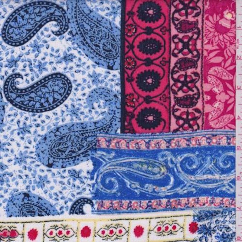 1 1/2 YD PC-White/Coral/Perwinkle Paisley Tile Crepon Fabric