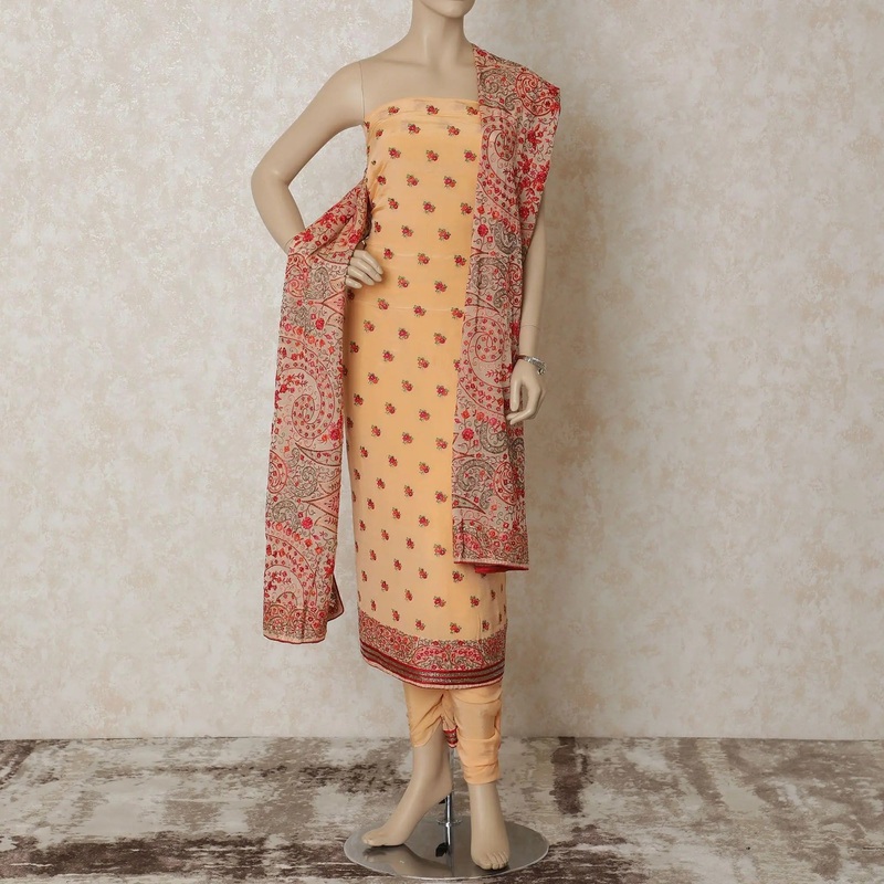 Salmon peach silk crepe kameez with multicolor embroidery having bead work and stone work in floral design. Salmon peach plain salwar having same tone chiffon dupatta with multicolor embroidery and stone work-D12661
