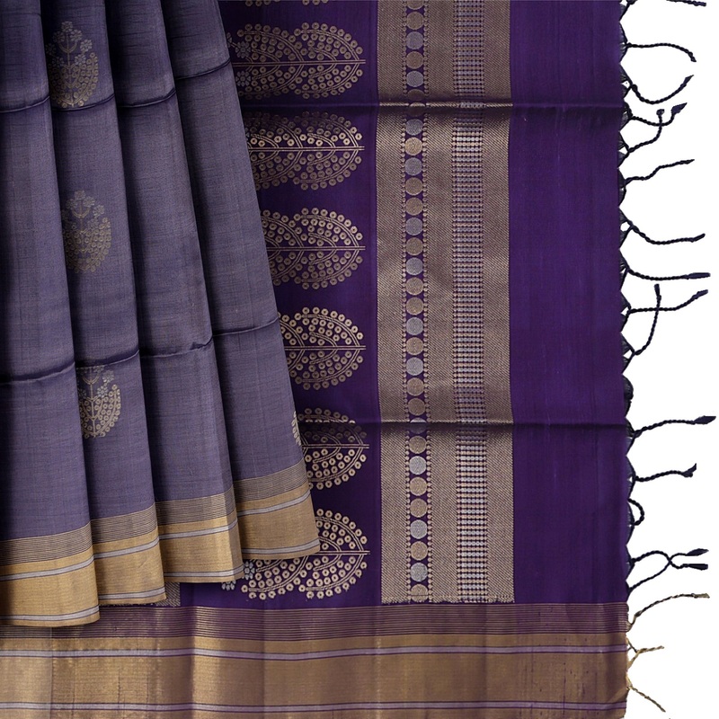 Violet Gold Zari Floral Butta Pure Soft Silk Saree with Contrast Border, 5.5 Meters with Blouse Piece, Originating from India-D22682