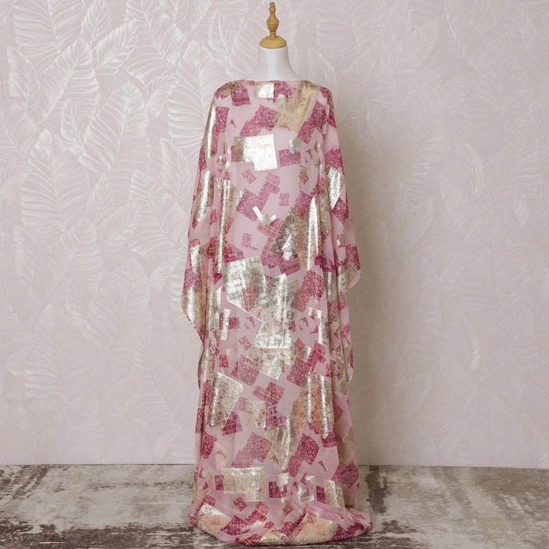 Baby pink Premium pure silk chiffon dirac fabric with brick pink print having gold metallic lurex in geometric design-D15605