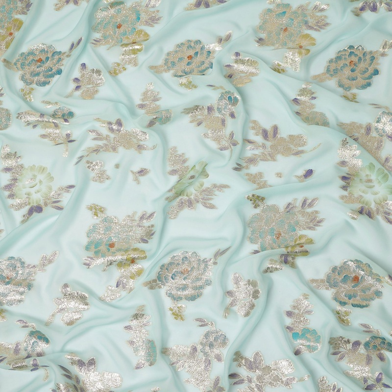 Elegant Blue Mint Metallic Floral Pure Silk Chiffon Metallic Fabric Lightweight Dress Material 110cm Width Premium Quality Soft Finish Korean Origin - D29327
