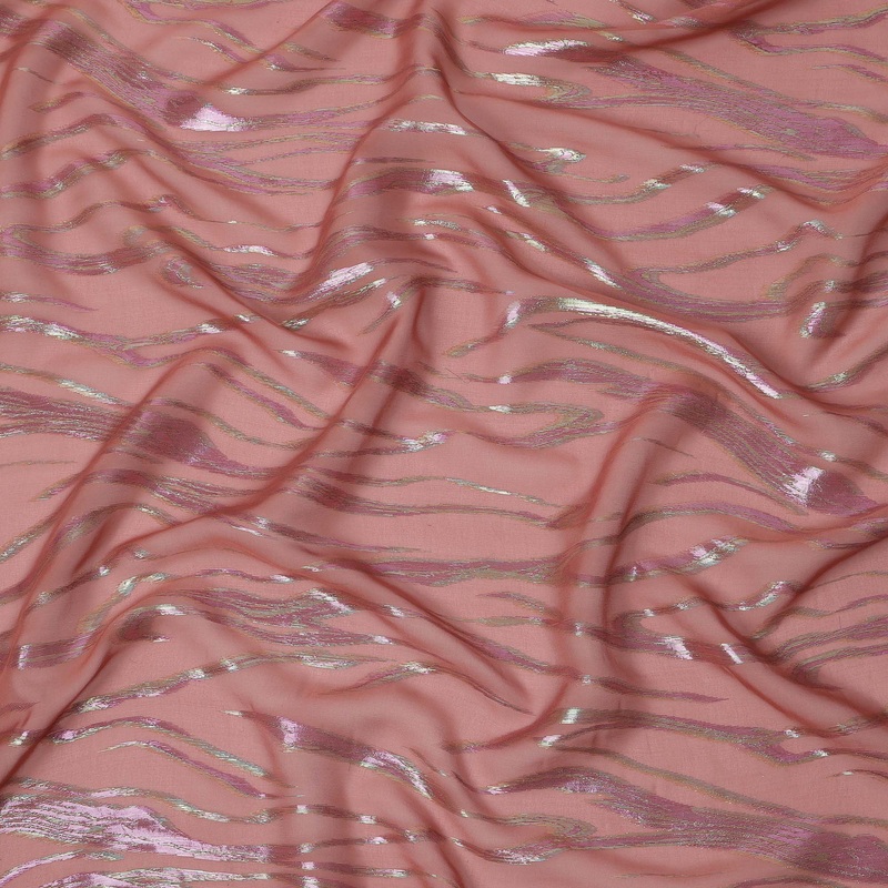Rose Pink Wave Pattern Silk Chiffon Fabric with Metallic Lurex, 110 Cms, South Korea-D25493