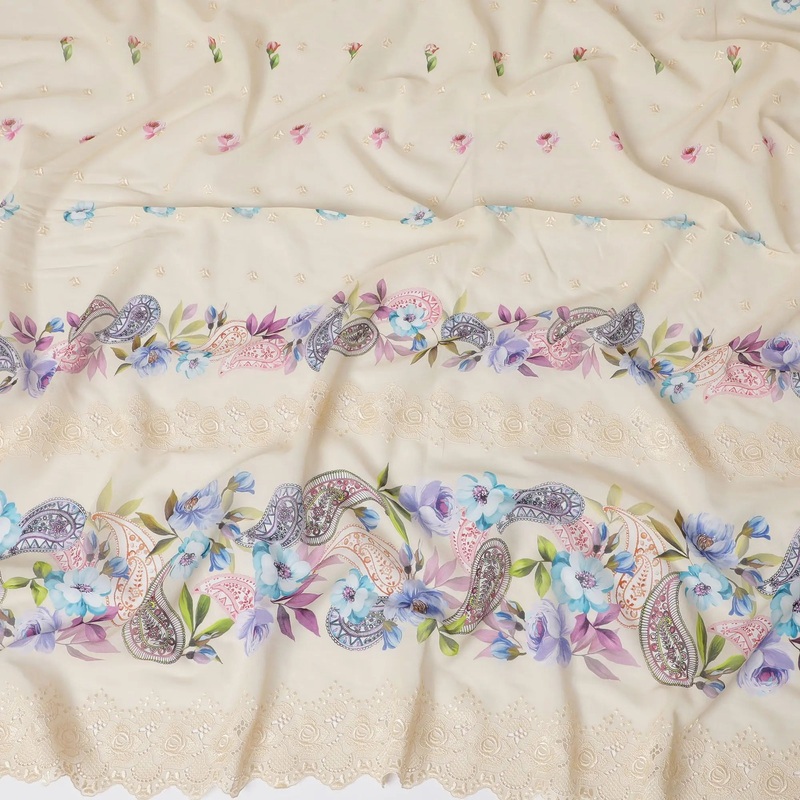 Beige Premium pure Swiss cotton voile fabric with multicolor print having same tone embroidery in floral design-D16985