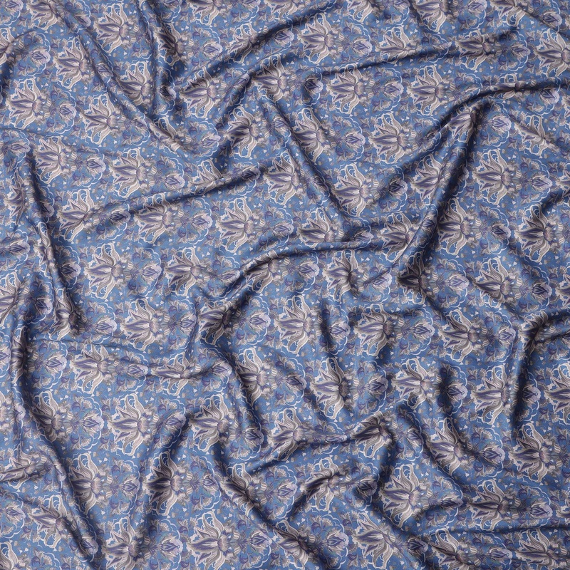 Blue Abstract Floral Print Pure Cotton Satin Fabric, 140 Cms Width, Made in India-D26037