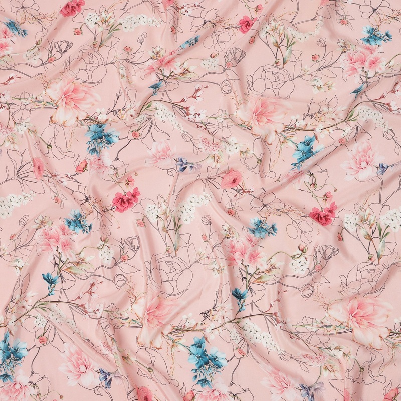 Blush Pink Base Blue and Coral Botanical Line Art Floral Printed Pure Silk Crepe Fabric, 110 Cms Width, Made in India-D23970