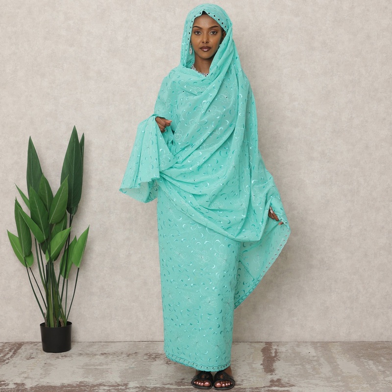 Sea Green Traditional Sudanese Thobe with 4.5 Mtrs Pure Cotton Voile Embroidery Fabric, Width 140 Cms, Made in India-D24478