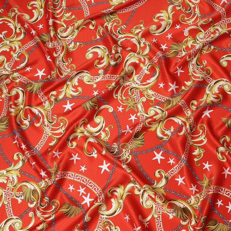 South Korean Silk Satin Jacquard Fabric with Baroque and Star Design on Vibrant Red Background 150 cm Width-D20340