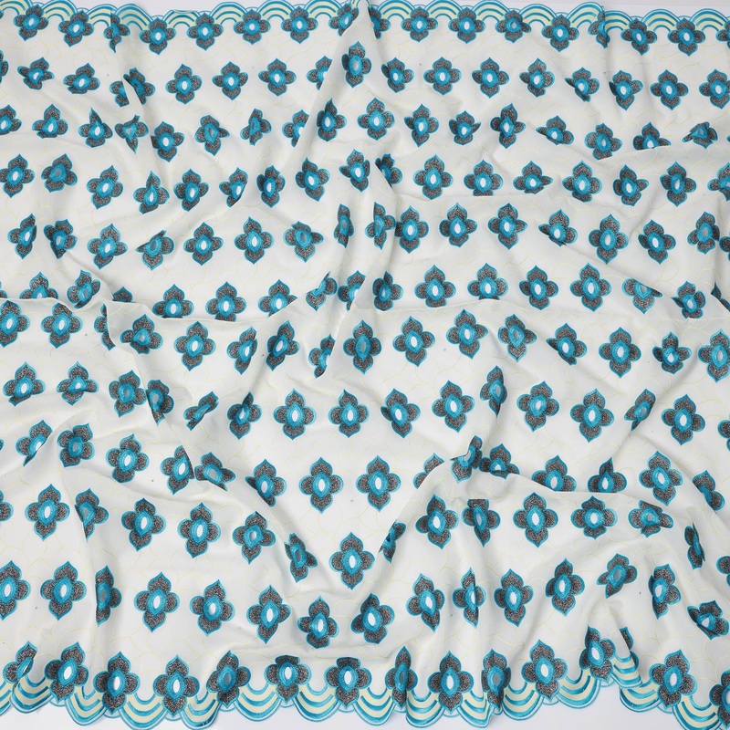 White Premium Swiss Cotton Voile Sudanese Thobe Fabric with Blue Embroidery and Scalloped Border, 4.5 Meters X 140 Cms-D21642