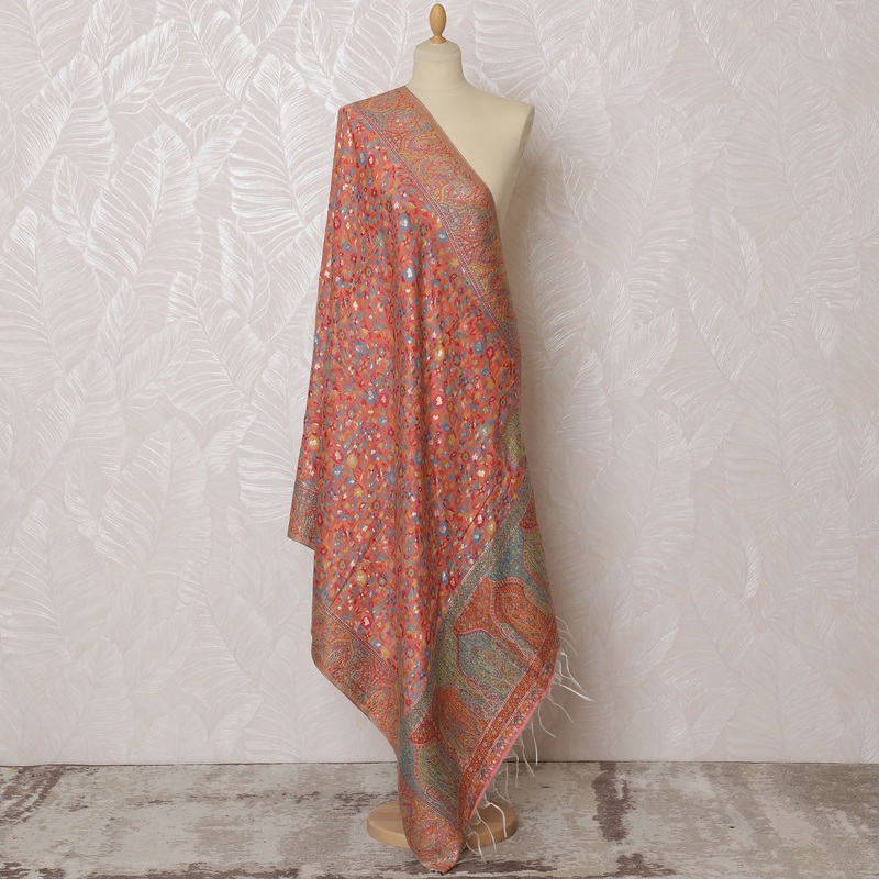 Coral Orange Silk Jacquard Dupatta with Floral and Paisley Design 235 X 95 Cms, India-D20317