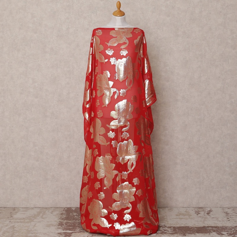 Red Traditional Somali Silk Chiffon Dirac Fabric with Metallic Lurex, 3.5 Mtrs, Width 140 Cms, Made in South Korea-D25061