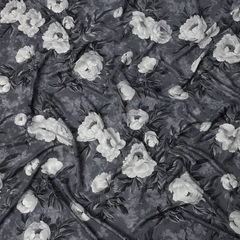 Charcoal Grey Monochrome Floral Printed Premium Pure Silk Satin Fabric with Elegant Rose Design, 140 cms Width, Made in Italy-D26315