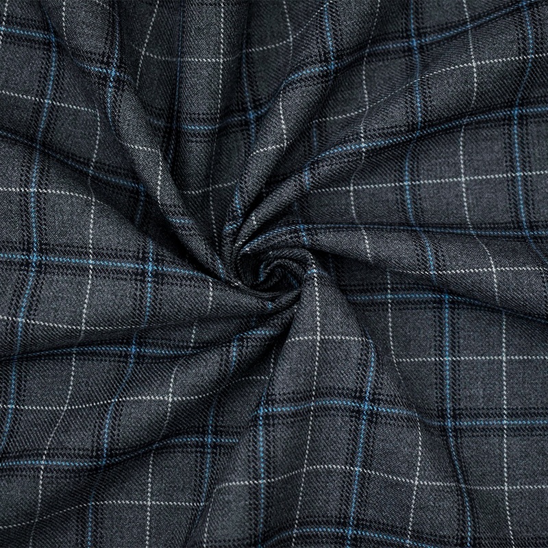 Gray-Blue-Multi Poly-Wool Plaid Woven Twill Suiting Fabric