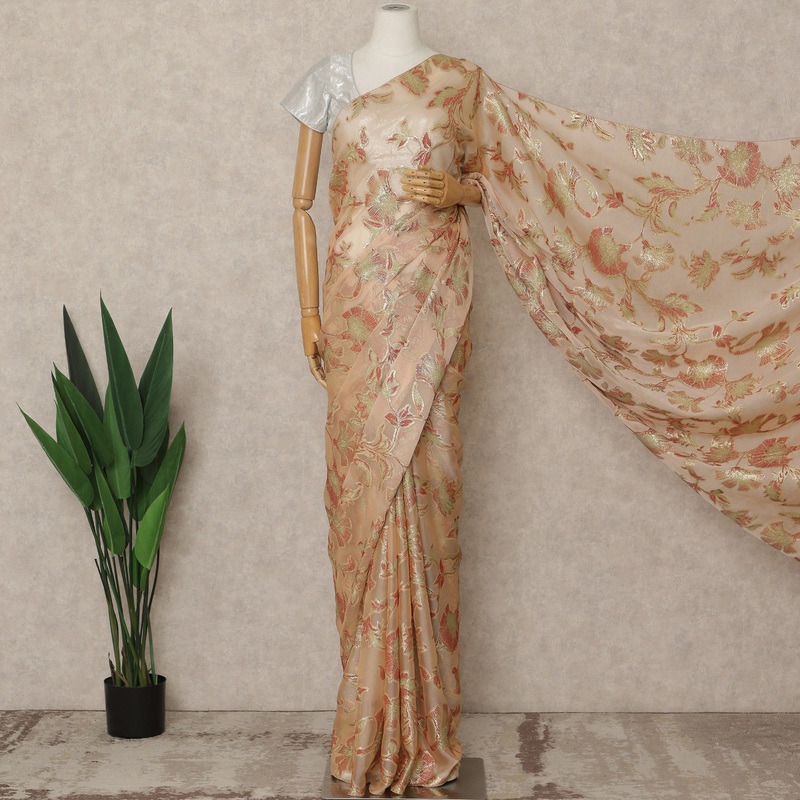 Peach Premium French Silk Chiffon Saree With Gold Floral Woven Design 5.5 Mtrs Length 110 Cms Width, Made in France and Blouse Not Included-D27221