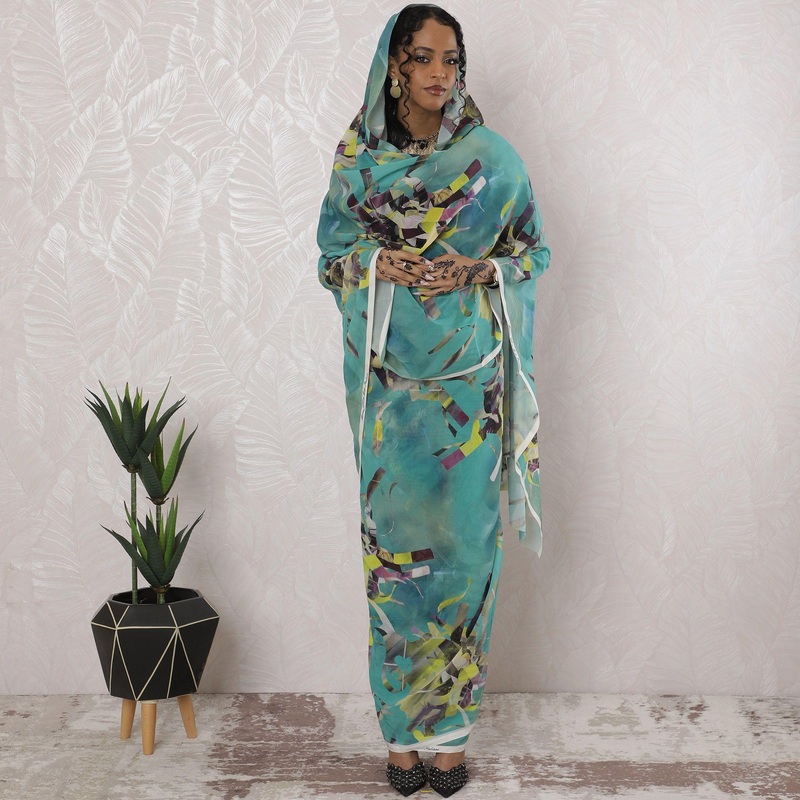 Turquoise blue Premium pure cotton voile thobe with multicolor print in abstract design-D16189