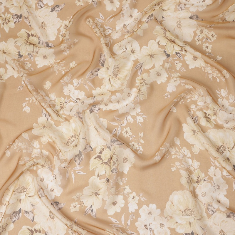 Beige Floral Printed Pure Silk Chiffon Fabric Sheer Lightweight Elegant 110cm Width Premium Quality Korean Origin - D29102