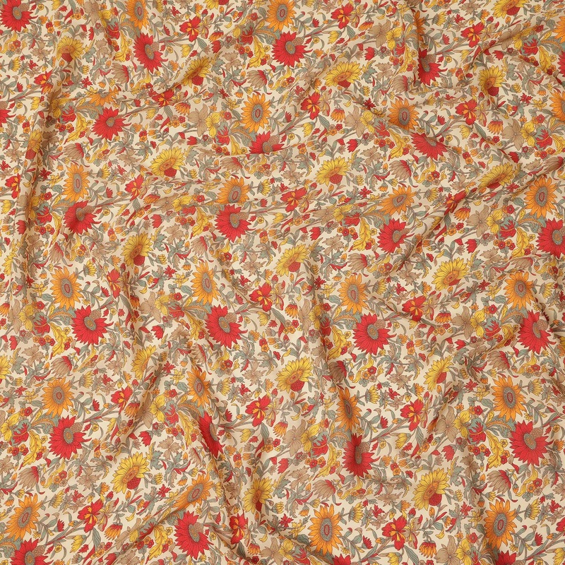 Cream Floral Printed Silk Crepe Fabric Soft Flowing Lightweight Luxurious Material for Dressmaking Sewing Apparel Craft Use 110 Cms Width India Origin-D27299