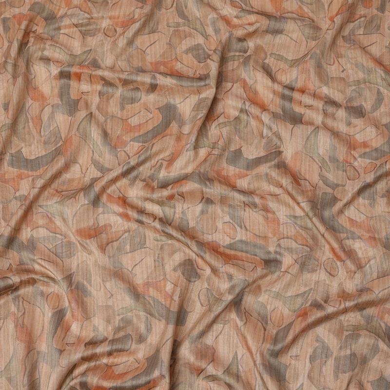 Peach Base Abstract Multi-Colored Artistic Printed Viscose Tussar Fabric with Vertical Self Stripes, 110 Cms Width, Made in India-D24357