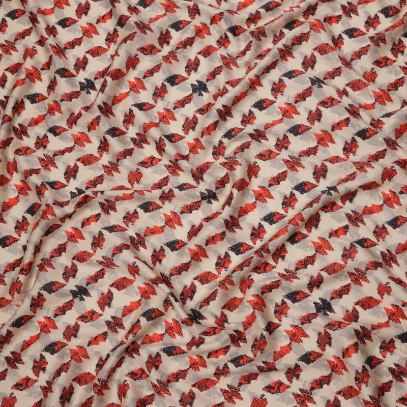 Beige with Red and Black Abstract Leaf Printed Cotton Lawn Fabric, 110 Cms Width, Made in India-D23549