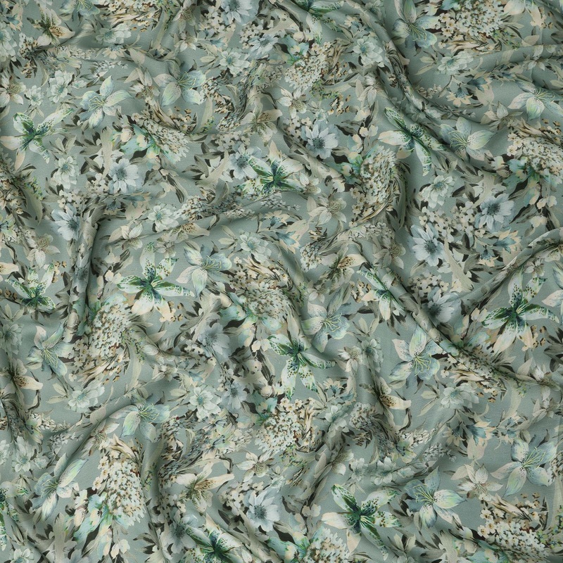 Sage Green Soft Floral Botanical Print Synthetic Satin Fabric, 110 Cms Width, Made in India-D28277