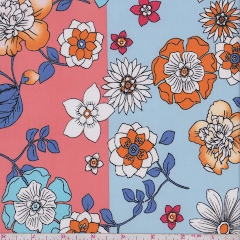 1 5/8 YD PC-ITY Blue/Salmon Floral Stripe Jersey Knit Fabric