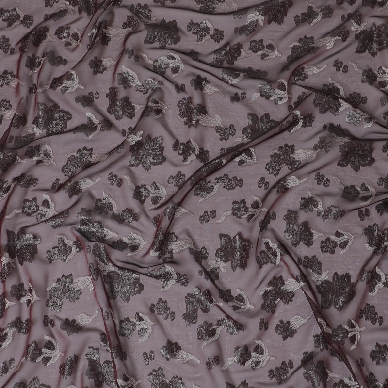 Burgundy Premium pure French (Fransawi) silk chiffon fabric with grey viscose and black metallic lurex in floral design-D14273