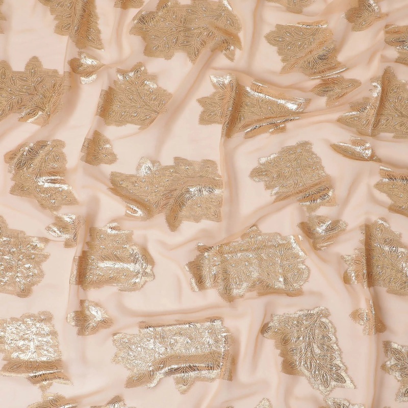 Peach synthetic chiffon fabric with gold metallic lurex having stone work in floral design-17361 (2 mtrs)